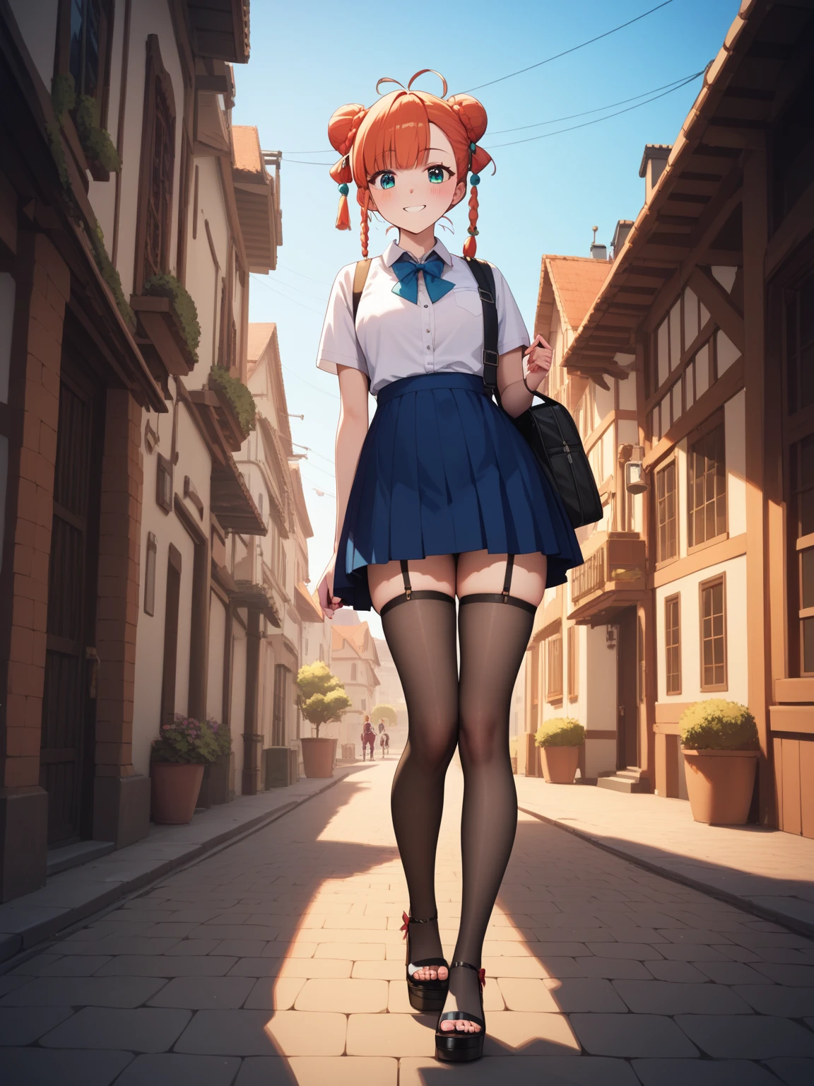 (masterpiece image, very detailed image, best high quality high definition image, carefully detailed textures and pixels, carefully detailed character and background, alone solo character, front view)
{{1character: 22 years old red-haired elf citizen girl: (fair skin, green eyes, hair tied in two high-short-pigtails with pale-green ribbons, absolute beauty, nice feminine body, big breasts, walking cheerful with good style, happy smiling face, enjoying the moment), (dark-blue shirt, light-blue skirt, navy-blue pantyhoses), (morning day, danish city plaza)}}