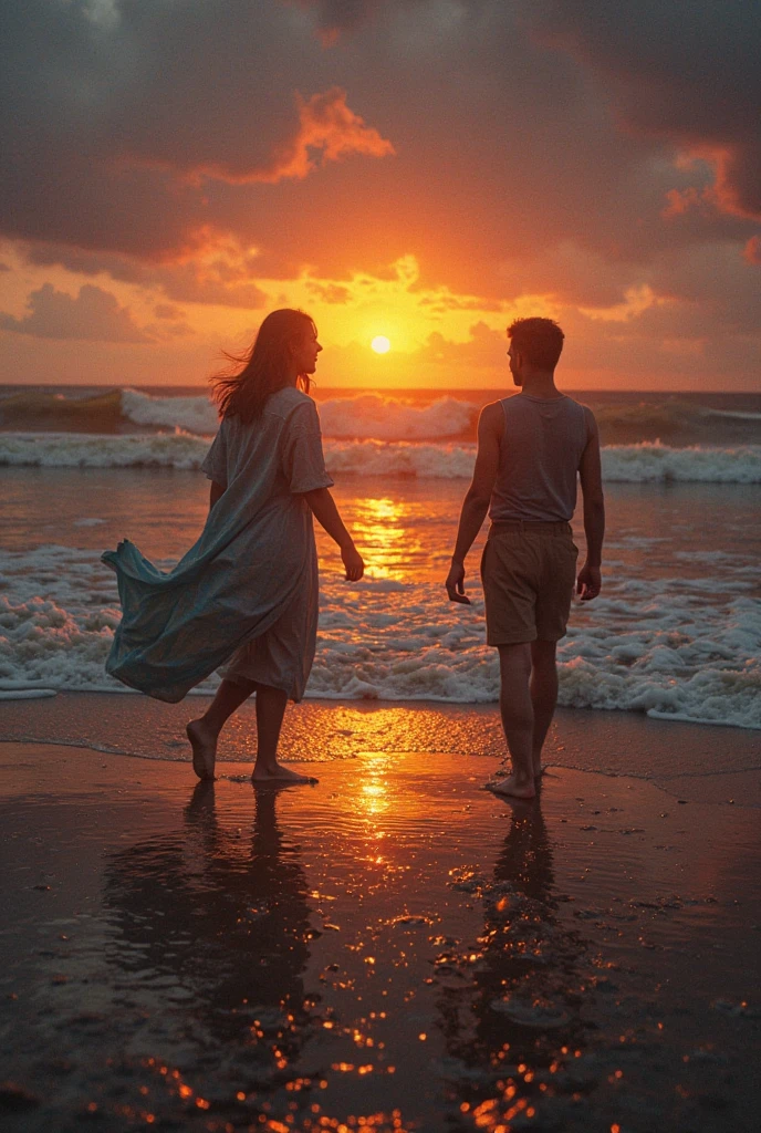 Location: A secluded beach with waves crashing gently on the shore.
Character: The couple walking hand in hand along the water's edge, lost in conversation.
Dressup: The woman wears a light summer dress, and the man is in shorts and a t-shirt.
Picture Quality: Soft pastel tones of the sunset reflecting off the water, casting a romantic glow over the scene.