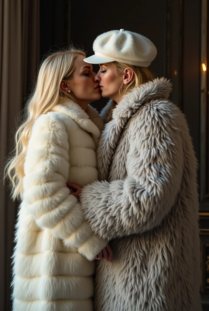 Two pretty girls with huge breast, upper class, luxury, triad female leader, rich, glamour, Known for her impeccable fashion sense and elegant demeanor, she is a true embodiment of the Versace brand. Her body language is as captivating as her style dressed winter fashion, all white fur, oversized and thick xuer fur coat, fur jacket, showcasing a unique combination of elegance and strength.  Fur gloves and boots, lesbian in limousine car, ((lesbian)), ((kissing)), ((milking breast)), ((grab breast)) , ((sensual touch)).