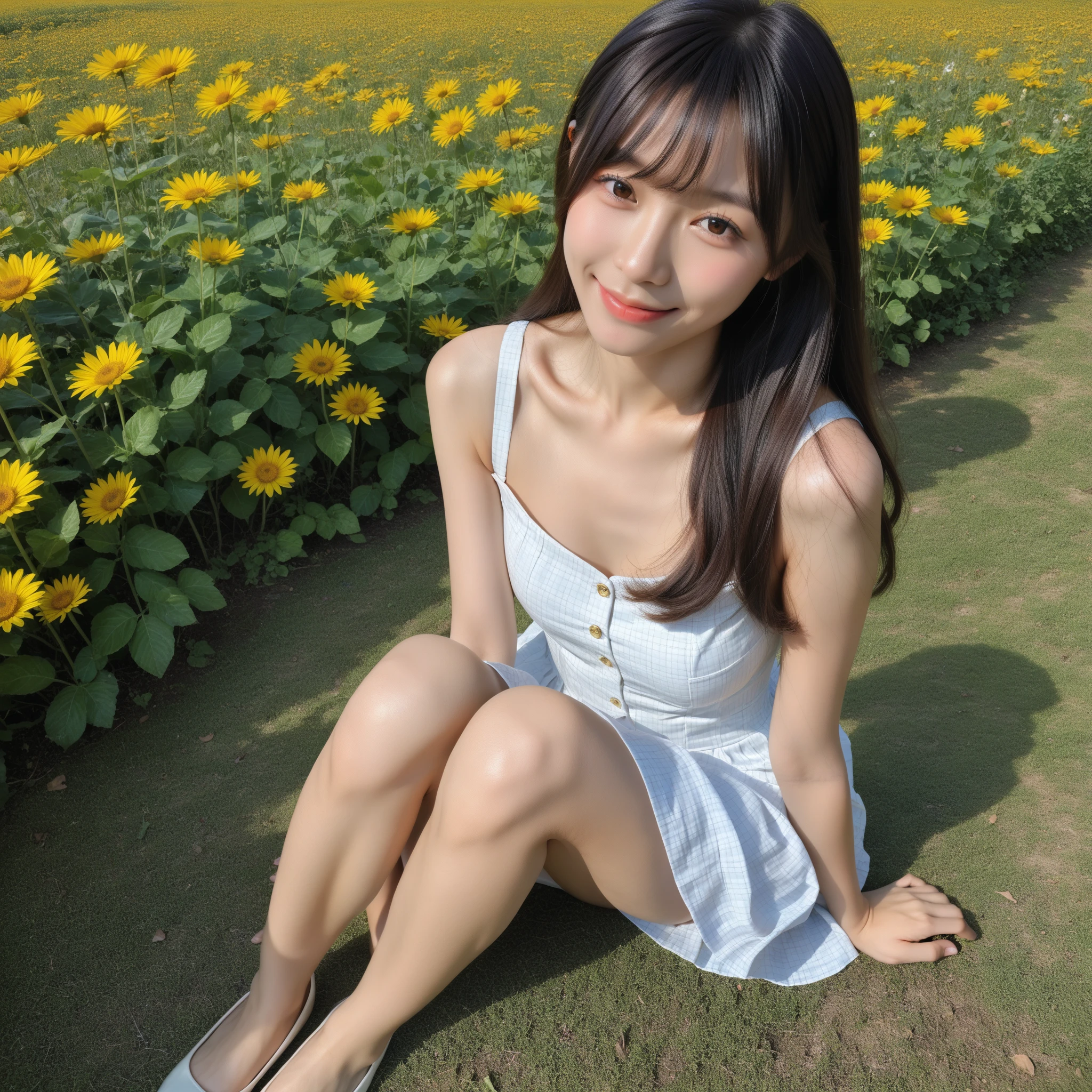masterspiece Cute and beautiful girl only Great smile Dimples long hair with soft curls of apricot color, Japan hair ornament avant-garde string camisole dress braided sandals The background is a colony of sunflowers Sunlight sparkling