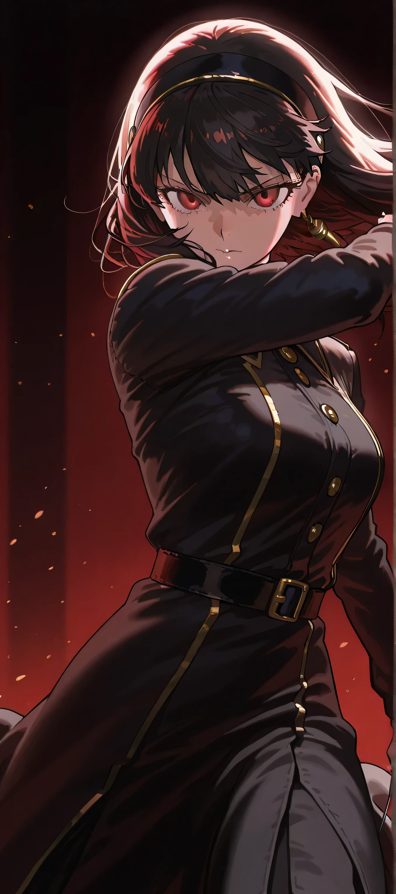 Yor Forger, standing in a dramatic pose, holding golden assassin needles, dark gothic background with red neon accents, black combat dress with gold details, intense gaze, cinematic lighting, dynamic wind effect on hair, anime style, ultra detailed, vertical digital wallpaper