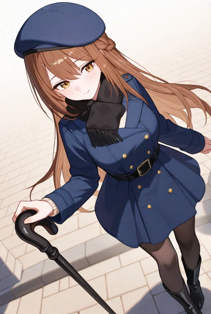 karin_wong, counter:side, 1girl, solo, long hair, green eyes, purple eyes, [braid], hair between eyes, brown hair, hair ribbon, yellow ribbom,
looking at viewer, facing viewer, straight-on, sitting, head tilt, market, shopping, city, bench, hand on own chest, arm support, a women karin_wong taking a break at the market,
brown hair, gloves, hat, dress, necktie, black gloves, uniform, black headwear, covered navel, heterochromia, peaked cap, (white necktie), black shirt, black black skirt, boots, 
 <lora:karin_darksushi-000004:0.6>