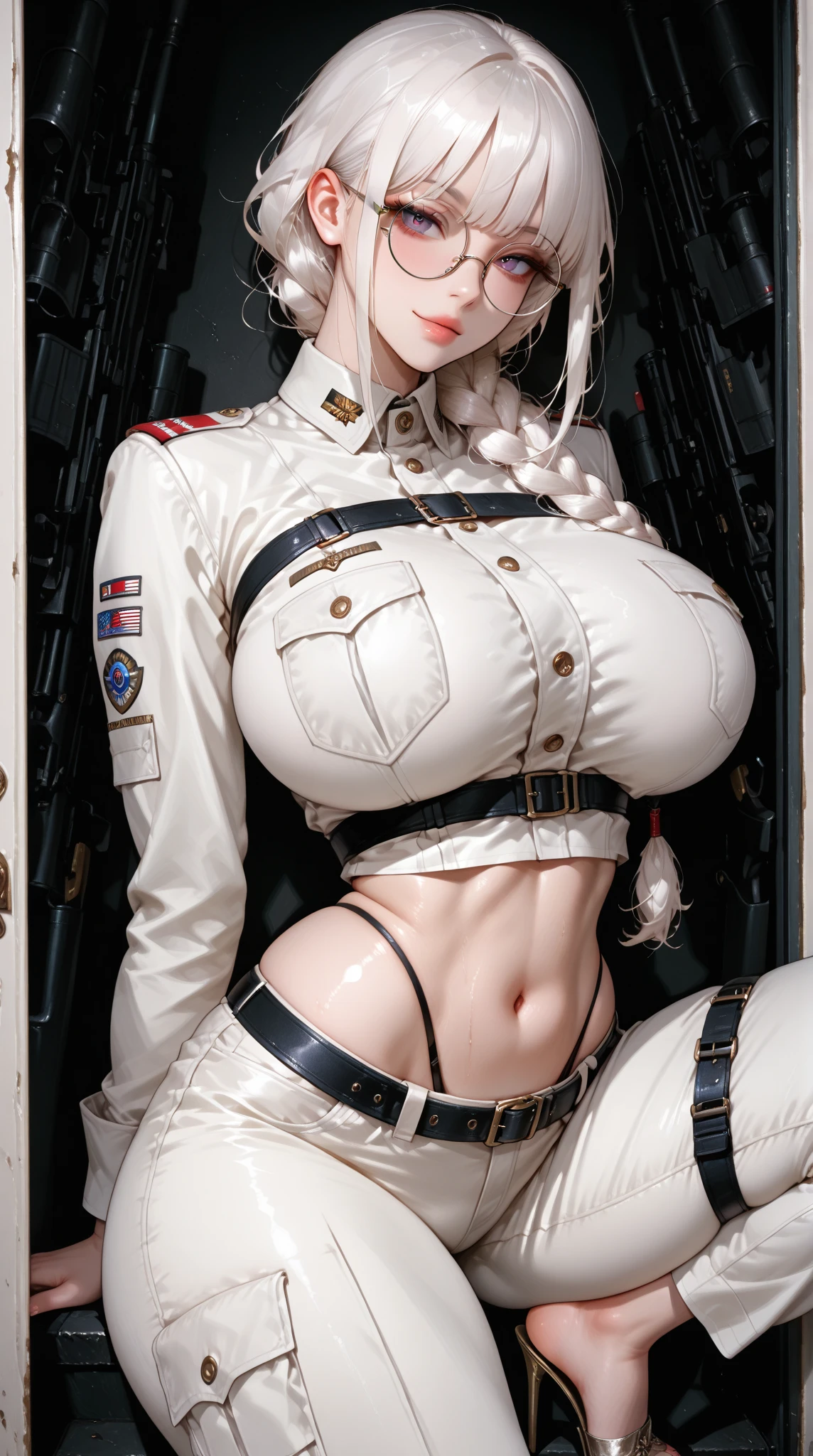 ((masterpiece)), ((best quality)), (ultra-detailed), illustration, beautiful art, artistic, realistic, 8k, wallpaper, beautiful, high resolution, good composition, good art, scenery, cinematic, (((nude))),detailed skin, (Shiny oily skin), glossy skin, fine skin, (beautiful hair), (beautiful red eyes), hand with five delicate fingers, (perfect anatomy), (correct limb), nostrils, (realistic), long hair ahoge hat beret hair ornament cleavage,(( perfect nude large big breasts)), ((perfect erect nipples)), slim waist ,black jacket, open jacket, long sleeves, (cameltoe), black thighhighs knee pads, promptsgirl, big gun, Batllefront war background.