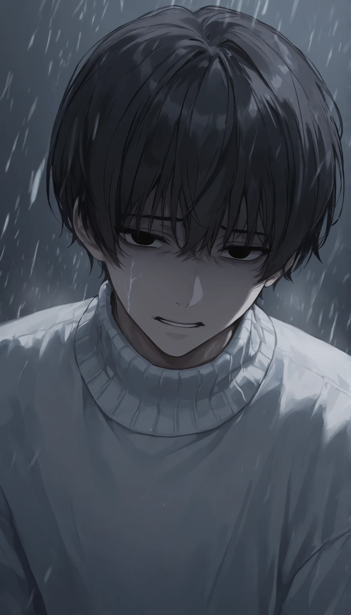 1male, white sweater, dark mood , Cold Face , Covered short cut, man