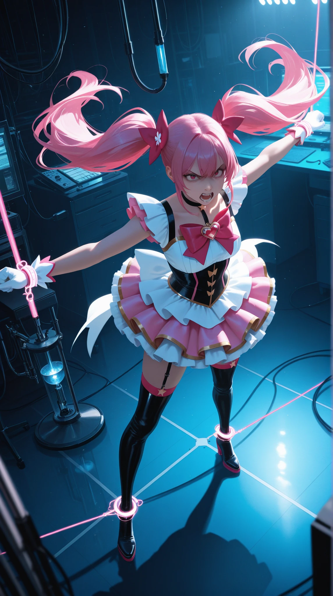 1girl, pink hair, twintails, cheerful, pink eyes, wearing , pink skirt, looking at viewer, no hat, holding orange glowsticks in hands, no underwear, medium breasts showing