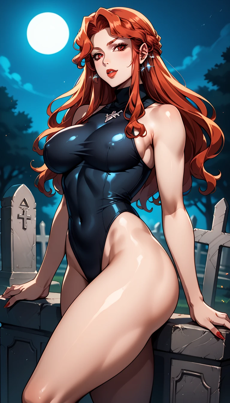 A beautiful anime-style girl with short orange hair、Yellow Eyes、Transparent hair、Fun face、Delightful beautiful girl、A beautiful girl with a short stature and a well-balanced body、Big Breasts、A beautiful immoral girl wearing a provocative purple and colored bikini、Pale skin、Full Body Shot、octopus、dead tree、fog、Red Moon、Mysterious Flower、Lake of Darkness。