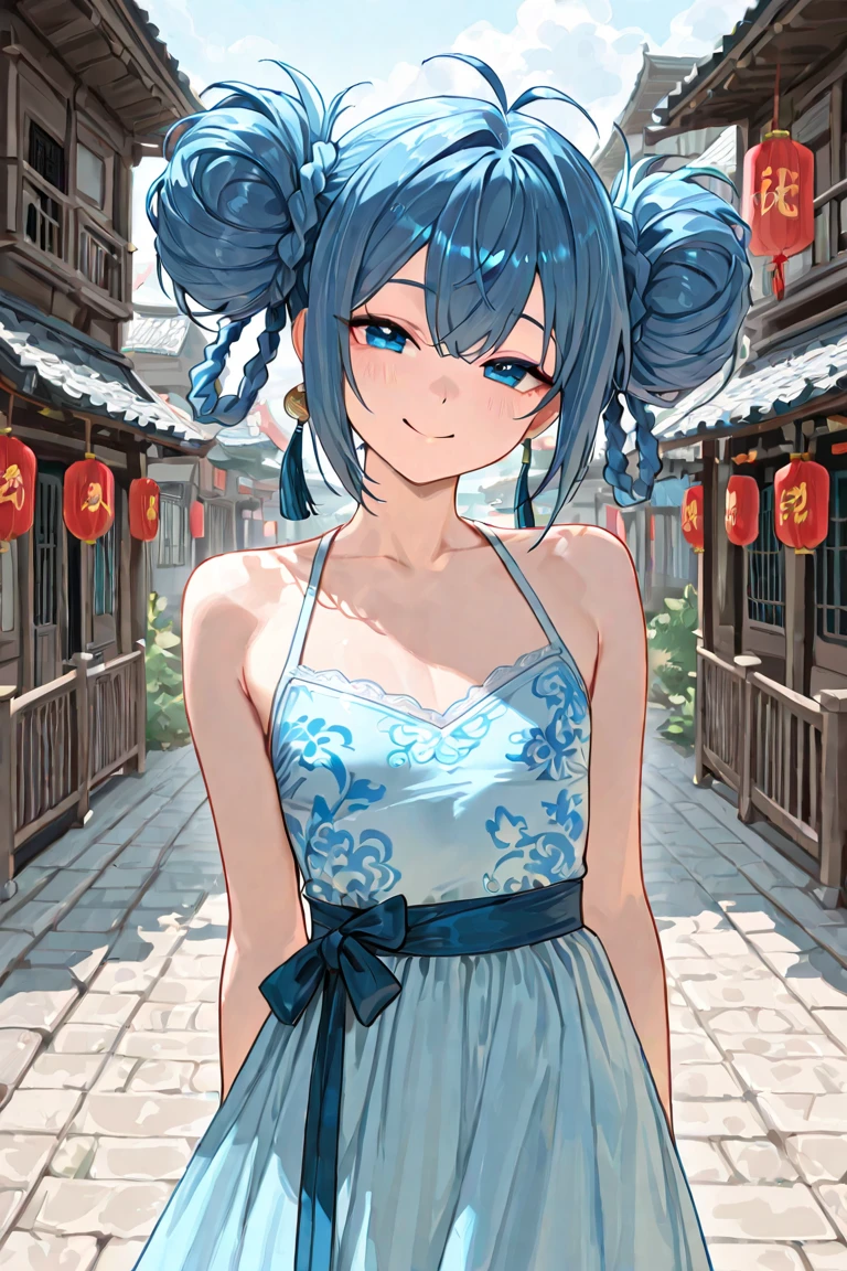 top-quality, high resolution, super precision, masterpiece, 8K, (((extra detailed face))), Fateful meeting, (Composition seen from an oblique front), (((Daytime cityscape))), (Downtown Japan), (Petals are fluttering), (Crowds), kawaii, ((Bun hair)), (Floral hair ornament), ((Bright smile)), red blush, Sareme, (((big light in my eyes))), Eyes sparkle, Wet eyes, Colorful, Fine skin, (((beautiful blue sheer see-through cheongsam))), (delicate flower embroidery), off shoulders, Beautie, Refers to 5、