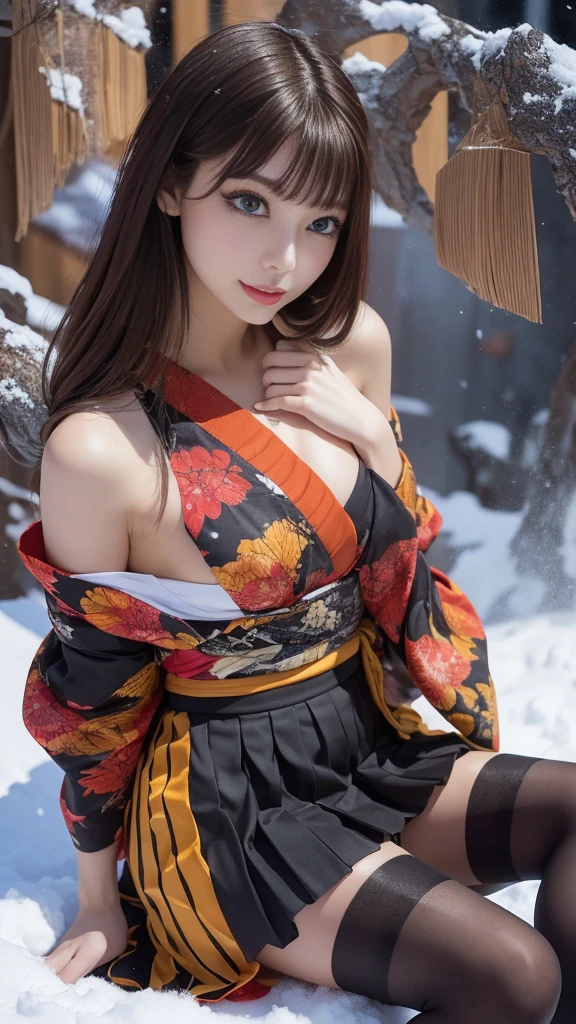 (Close-up portrait of a girl，She has small slender breasts，Colorful, colored splashing, Flying flowers, Solo, Hips up, Beautiful eyes, Long hair, Medium breast, Intricate damask hanfu, Gorgeous accessories, Wear pearl earrings)、(The girl stands at the edge of the screen and smiles with her arms outstretched:1.3)、(Beautiful autumn foliage background :1.3)、(Perfect anatomy:1.3)、(Complete hands:1.3)、(Complete fingers:1.3)、Photorealsitic、RAW photography、masutepiece、top-quality、A high resolution、delicate and pretty、face perfect、Beautiful detailed eyes、Fair skin、Real human skin、pores、((Thin legs))、(Dark hair)