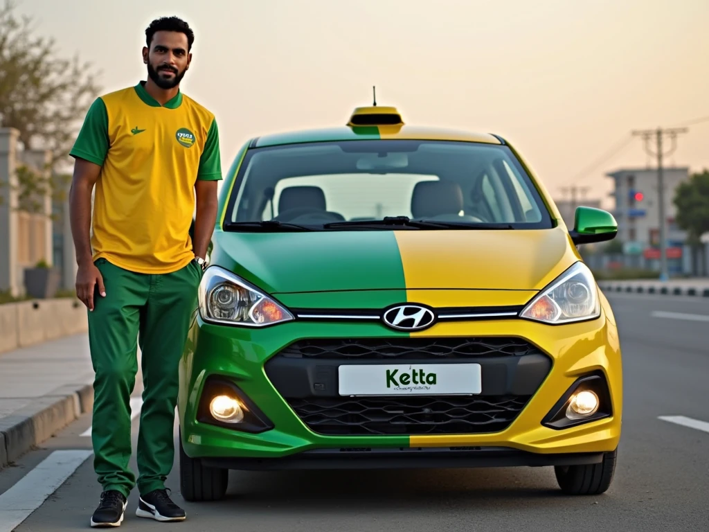 Create an image a man has in his hand Pakistan flag and stand the car this car colour is green men pent colour is white and his shoes is green and his T shirt colour is green"Usman" name write in his T shirt 