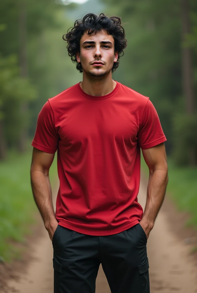 a young man standing with a moss green t-shirt mockup