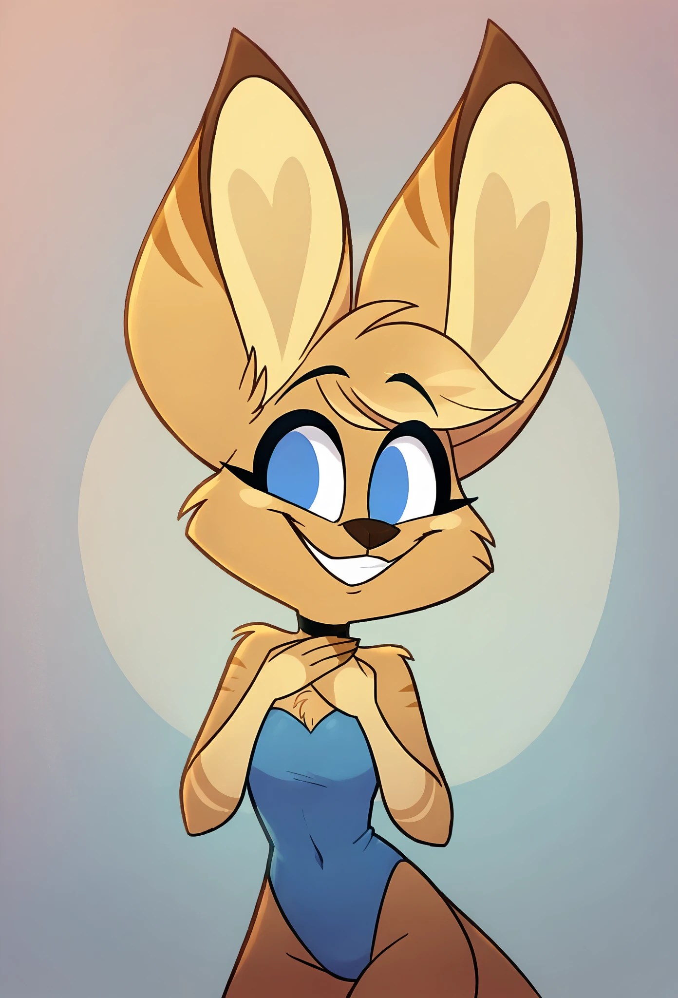 Lola Bunny, strapless tight dress, cleavage, two-tone hair (brown hair, black tip)), curly hair, halo, sunglasses, jewelry, red eyes, longeyelashes, red eyes, smile, shy, blush, high detail, masterpiece, UHD, anatomically correct, super detail, highres, 4K