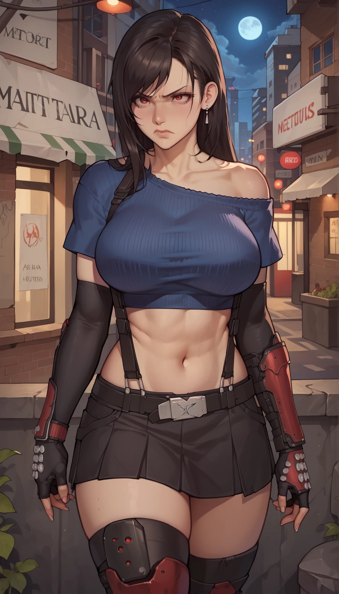 low-tied long hair:1.4, perfect eyes:1.2, detailed eyes:1.4, metTifa, closed mouth, angry, navel, large breasts, red eyes, earrings, cropped sweater, blue sweater, off-shoulder, short sleeves, suspender skirt, elbow gloves, armored legwear, night, city, cowboy shot, 1girl, solo, (masterpiece:1.6, best quality),