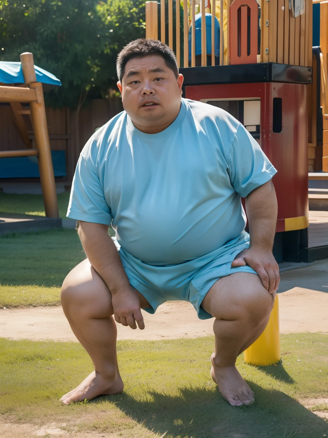 Thick Japan middle-aged man in his 50s, 1man, retarded, Human, Dwarfism, He wears a Light blue Hotpants, Bare thighs, ((peeing self, wetting self, pee stains,)), ((trembling, fear expression, scared, looking at viewer)), kindergarten background, It's a sunny day, Incontinence, He stand and cried in playground, Full body, a picture, 8k, high detail photo, Masterpiece,