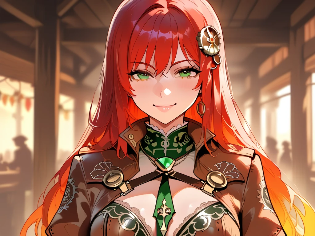 detailed((masterpiece)), ((best quality)), 1girl, adult, long hair, big bust, ((red hair)), ((intimidant look)), ((close-up)), profile image, black and red clothes, sexy, ((coat with fur)), ((wavy hair)), exposed skin, ((sexy pose)), good anatomy, ((queen clothes)), ((straight cut bangs)), emotionless, intimidant, ((beautiful eyes)), close up, ((detailed eyes)), ((detailed face)), hair bang, frontal look, relaxed, smile, ponytail, green eyes