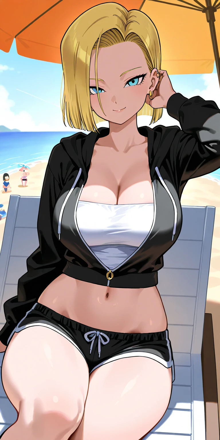 Fille sexy, large breast, sun set, seductive, chemise blanche, opened shirt, bionde, blue eye, detailed eyes, hourglass _forme du corps, ultra detailed, 4K Ultra HD, smiling, flirty smile, blushes, jewels, bikini sexy, beach