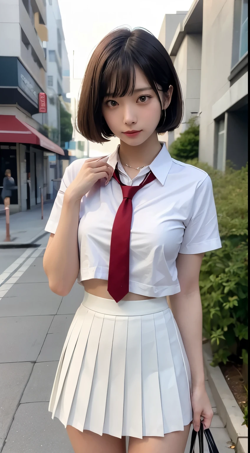 ((highest quality, masterpiece :1.3)), Photorealistic、Ultra-high resolution、Natural skin texture、Hyperrealism、Photograph from the knee up、12 year old beautiful Japanese girl、Short Hairstyles、Large breasts、White collared shirt and tie、mini skirt、Frightened expression