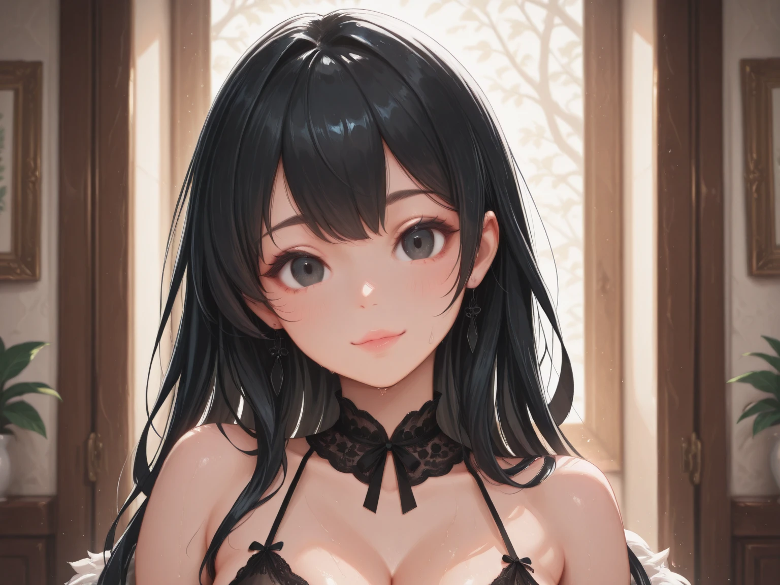 ((highest quality)),(ultra high resolution),(Super detailed),(detailed description),((best CG)),(best work of art),super precision art,great drawing art,(Art with precise details:1.5), Portrait:1.6,bust shot:1.4,(1 woman:1.5),beautiful and well-shaped face:1.5,(gray lace bra with flowers on the chest:1.5)、gray lace pantie, Japanese、girl,Slender、small face、brown eyes、tall、 highres,black hair、long hair、classroom、17 years old、Sitting at a desk、Mature