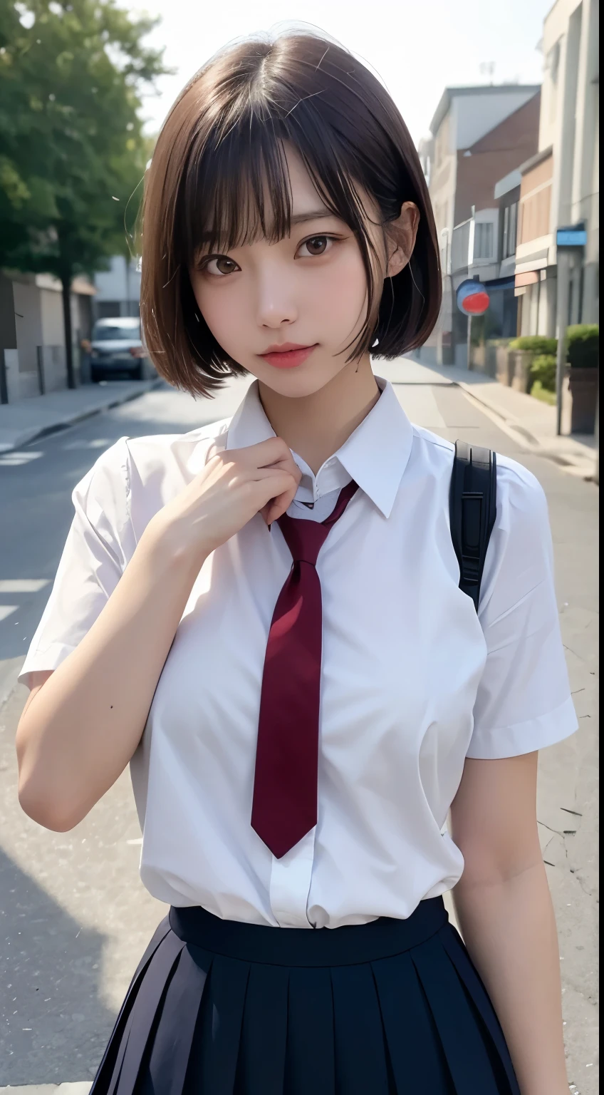 (a closeup:1.4)、(Raw photography:1.2)、(Photorealsitic:1.4)、(masterpiece:1.3)、(top-quality:1.4)、one girls、(Slender and beautiful girl)、(FULL BODYSHOT)、独奏、cute little、((Buttoned shirt、open-shirt))、no-bra、鎖骨、(large full breasts:1.2)、beauty breast、(a short bob:1.2)、Look at viewers、浅笑、makeup、