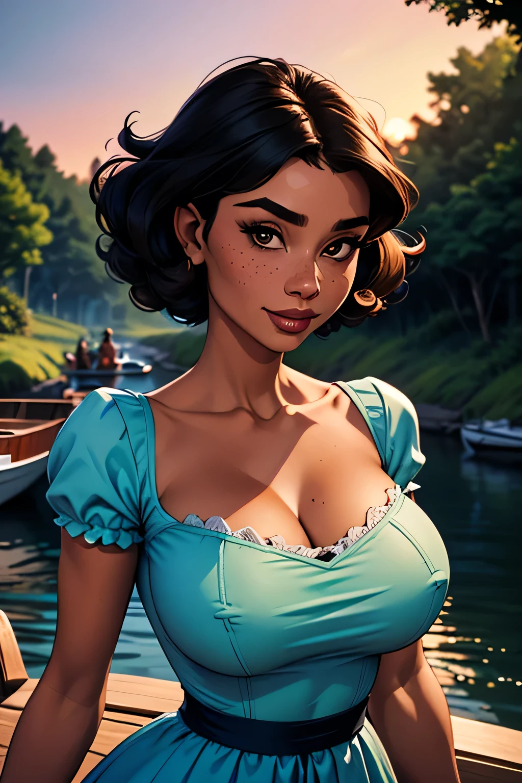 ( Absurdo, hd , Ultra detailed, be careful with your hand ) Close-up view of a thin and athletic woman, 25 anos, 8k (( high definition )), MYSTERIOUS SMILE, look seductive, brown eyes, wearing a lilac high-waisted long dress (( with boat neckline, short sleeves )), thin waist, arms at the sides of the body, ebony skin , black hair (( short and curly )), she is hiking through the forest (( upper body )), with freckles on the neck and breasts , (( large, round breasts, suaves )), (( Well defined collarbone)). Marvel style (( hq )), dense forest and sunset in the background.