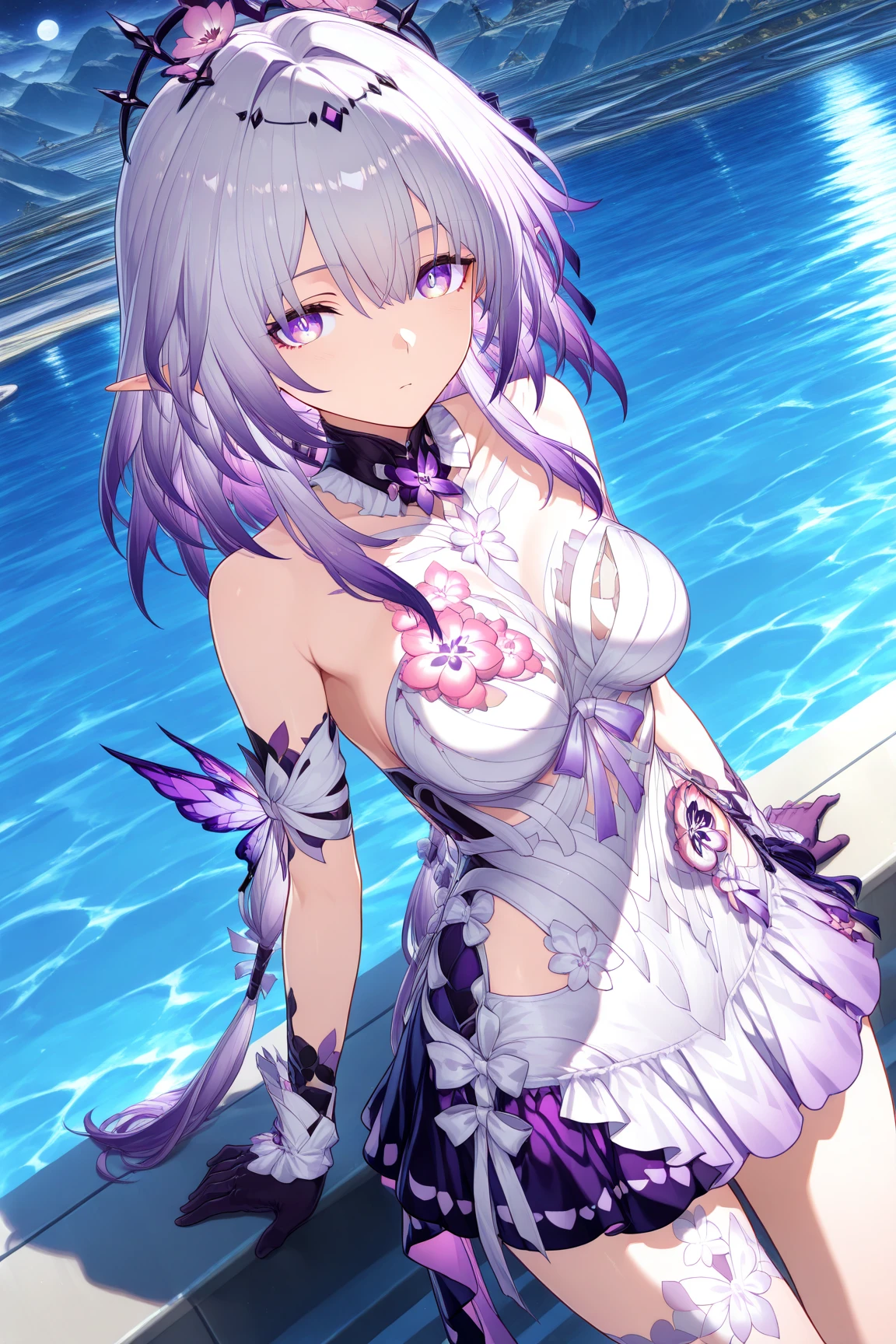 (Super real), (illustration), (high resolution), (8k), (Very detailed), (Best illustration), (Beautiful and delicate eyes), (best quality), (super detailed), (masterpiece), (wallpaper), (Detailed face), alone, (dynamic poses), High level of image quality、top quality、Detailed picture、Cheeks will not turn red、slim and beautiful、Meek、white swimsuit、Small Eyes、Small breasts、double tail、ponytail、Petanko sitting、sister sitting、Inner thigh sitting position、floor, raise arms, armpit, Shy,reasonable finger
