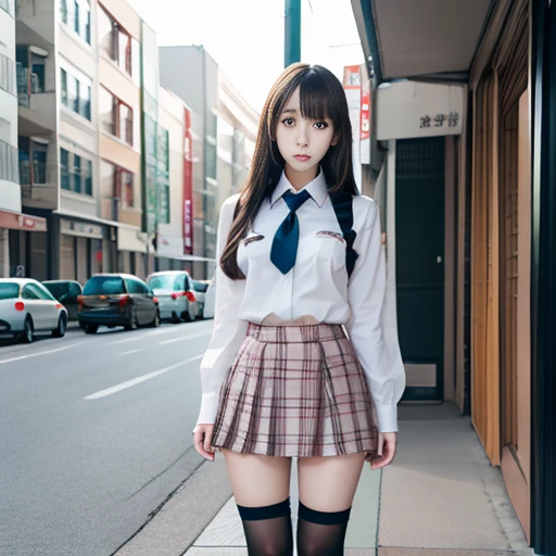 the Extremely Detailed CG Unity 8K Wallpapers、top-quality、ultra-detailliert、masterpiece、realisitic、Photo Real、extremely detailed cute girl、20yr old、(skirt rift)、((skirt lift by yourself))、Black panties、panties focus、red blush、cparted lips、looking at the viewers、Semi-body shot、Wearing a ruffled shirt、(Large crowds)、(Crowded city)、bluntbangs、University、校服、Bobby Socks、pleatedskirt、legs wide open