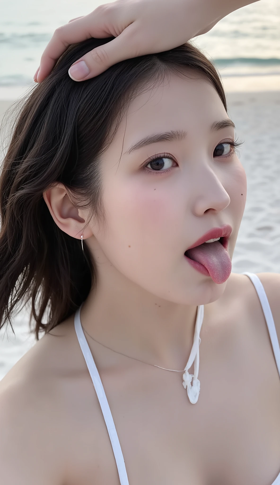A picture of her naked and sticking out her tongue on a sandy beach、A lot of milk is spilling and dripping from my mouth、A picture of an angle from above、 selfie、I'm being grabbed by someone's head with both hands((gesture of putting one's hand at the mouth)、((beautiful wet wavy black hair with one side long hair hanging over one ear))、perfect style、((An erotic expression with empty eyes sticking out one's tongue))、 beautiful décolletage、Beautiful armpits、beautiful breasts、 beautiful white wet skin and hair, Light makeup、 Beautiful pale eyes , nudist lips、 in white for summer very detailedな顔 , realistic skin and texture , Dramatic Lighting , White and glowing skin , , Cinematic angles , ((The background is the edge of a white sandy beach with the sunset shimmering on the surface of the water at dusk)) 、The flashes of the sunset highlight her hair and silhouette、Romantic and fantastic atmosphere、chiaroscuro lighting、 Warm shade palette , Sensual Atmosphere、masterpiece, is anatomically correct, Ultra High Definition, textured skin, accurate, has won many awards, high detail, high quality, in white for summer very detailed,