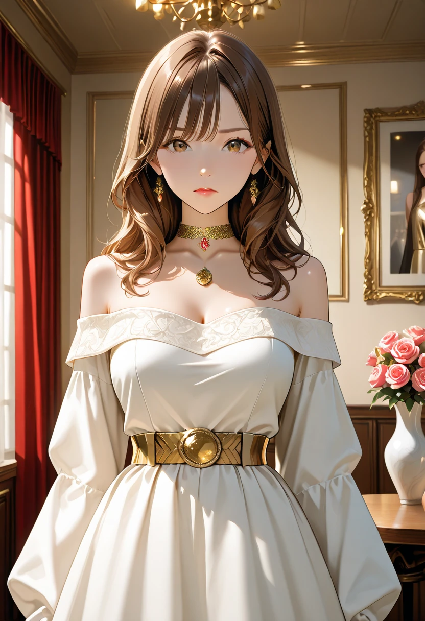 A petite black haired young woman with orange eyes is wearing a holiday gown in a great hall