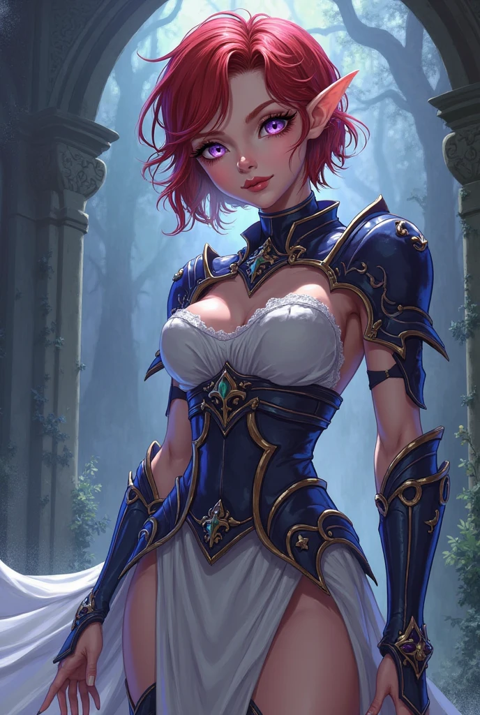 female elf anime cartoon style image, redhead, Violet eyes, short hair, pale. Clergyman in white dress. Shadar Kai. DND. large bust and hips. full body. light armor.