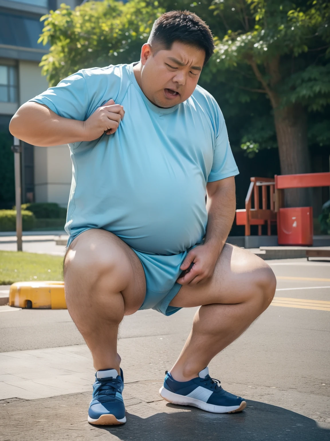Thick Japan middle-aged man in his 50s, 1man, retarded, Human, Dwarfism, He wears a Light blue Hotpants, Bare thighs, ((peeing self, wetting self, pee stains,)), ((trembling, fear expression, scared, looking at viewer)), kindergarten background, It's a sunny day, Incontinence, He stand and cried in playground, Full body, a picture, 8k, high detail photo, Masterpiece,