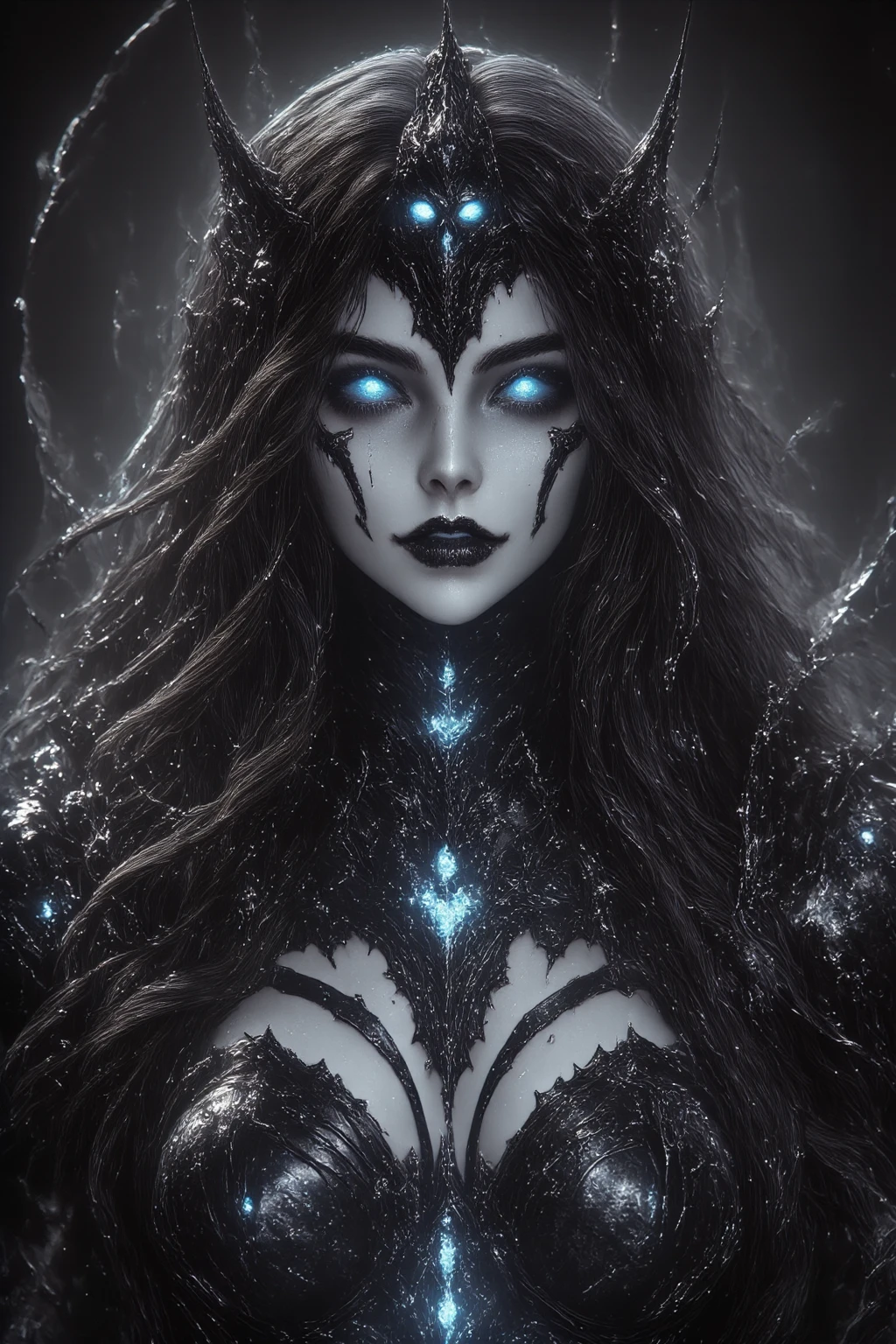 realitica, a mysterious and enigmatic 8k character, who inhabits a dark world full of secrets, devilish figure with supernatural powers, piercing eyes that glow like burning embers, seductive appearance to lure his victims, bloodthirsty villain, path often face a terrible fate and gloomy, depths of the mind dark, diabolical, power and darkness