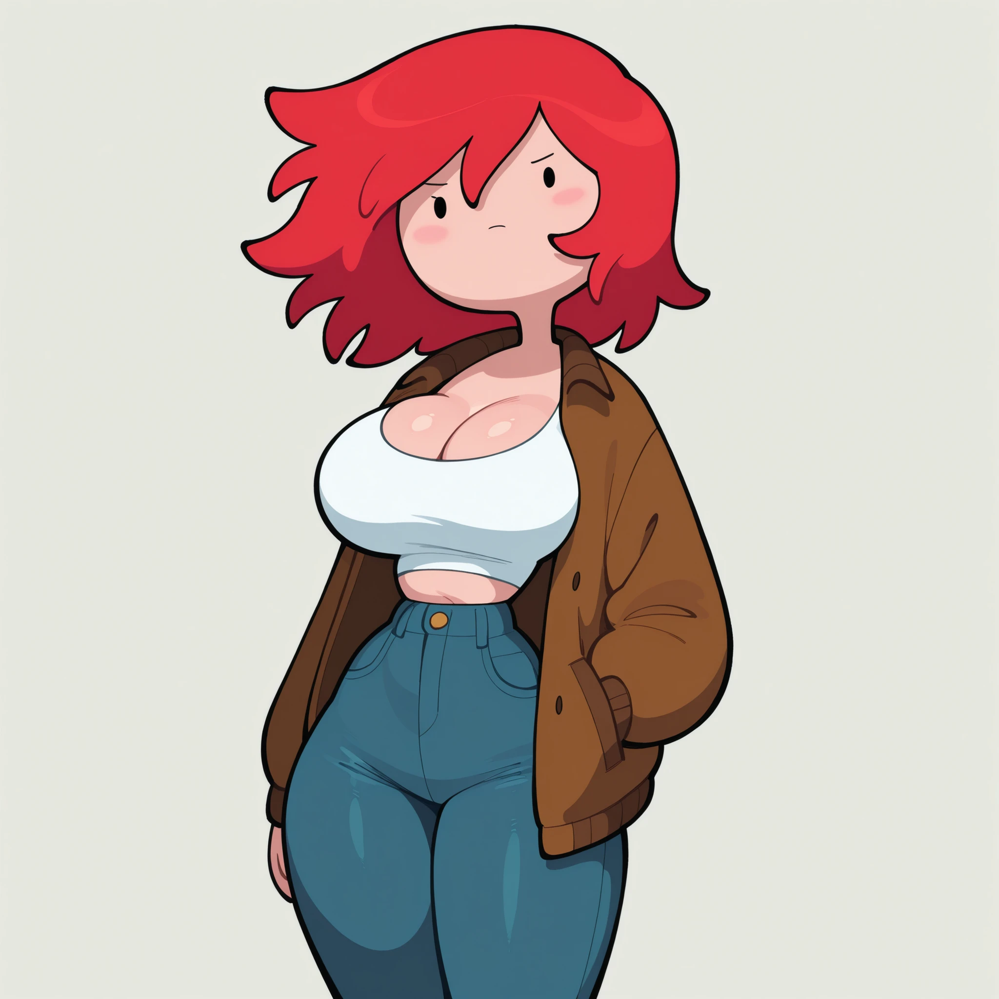 masterpiece, best quality, amazing quality, very aesthetic, absurdres, high res, shiny skin, 1girl, solo, short messy red hair, dot eyes, big breasts, narrow waist, wide hips, thick thighs, brown jacket, white crop top, cleavage, skinny jeans, blushed, serious, hand on pockets, cute, standing, looking at viewer, simple background, from the front view, adventure time