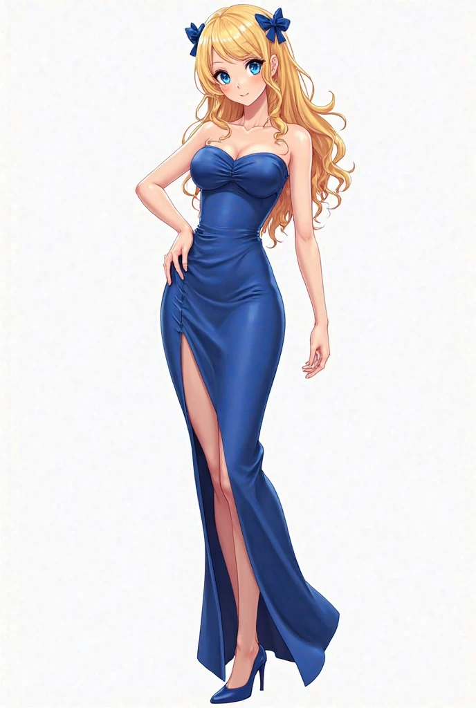Beautiful woman 25 years old, not very high, long curly light blonde hair, Thin waist, big tits, well-shaped and large hips. in a sexy blue dress, long boots, It's on a street corner, evening, she holds a purse, a fat boy asks him some questions