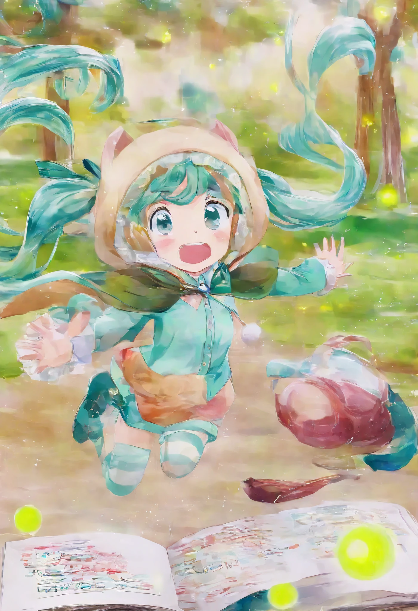 ( masterpiece、 best quality、 best quality、、 beautiful beautiful :1.2) Hatsune Miku、light green twin tails, beautiful breasts,storybook pages, watercolor illustrations, young characters by Hayashi Akiko, Cute Style, Japanese text at the top, handwritten font , soft pastel colors, Exquisite composition, break, wearing a cute hooded cloak, walking through a magical forest with glowing fireflies flying around, vintage picture book-like illustration, Soft Shading, charming and magical atmosphere by Hayashi Akiko, like innocence , 子供のPicture book style, soft watercolor illustrations, fine brushwork, pastel color palette, Beatrix Potter , by Hayashi Akiko, storybook cover style, charming and innocent atmosphere, perspective from a high eye level、Picture book style
