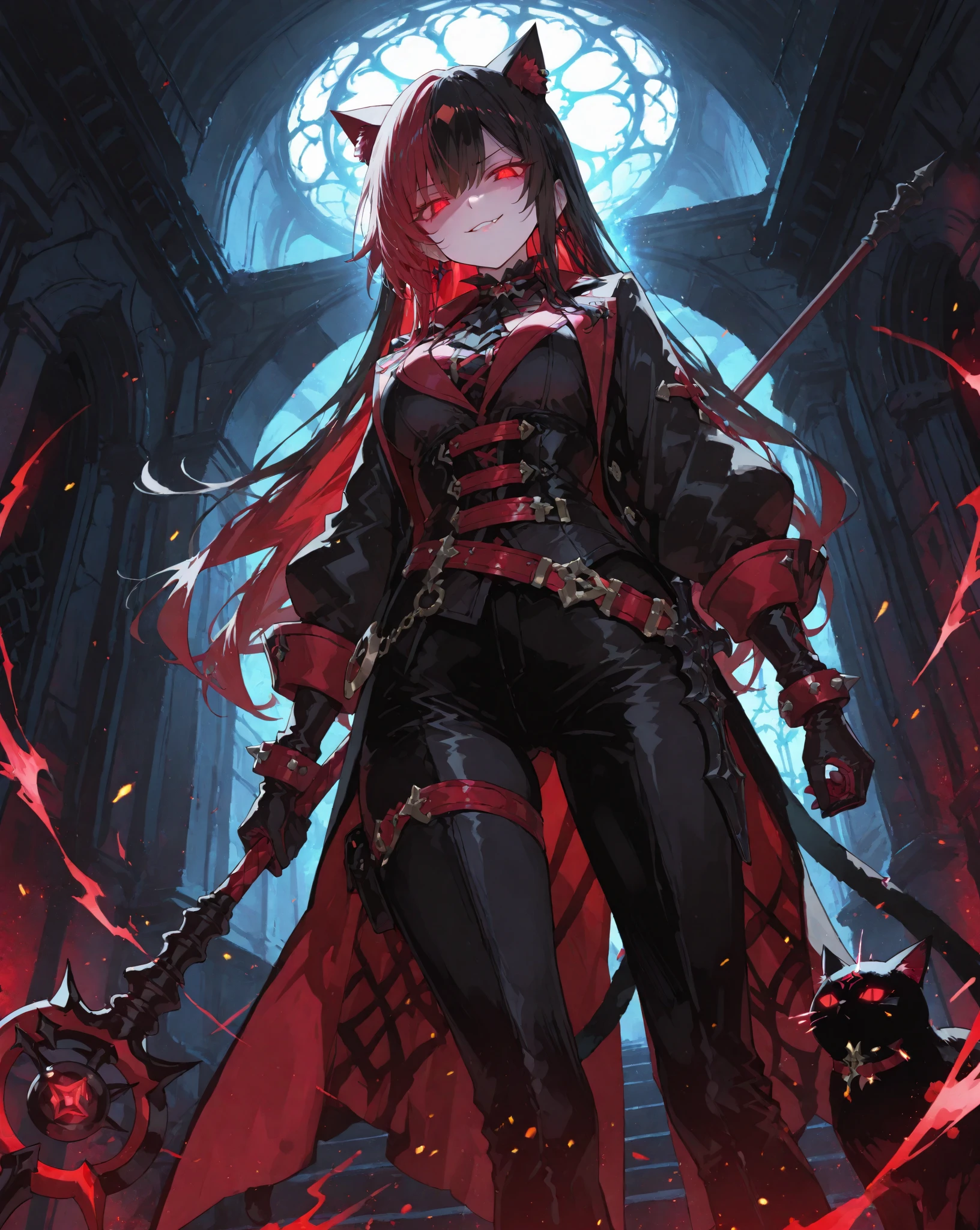 ((Red-haired girl in a dress wrapped in chains)), ((wearing a noble robe)), full body black and red longcoatu,((Bobcut)), ((full body black and red longcoat)), Anime full body illustration