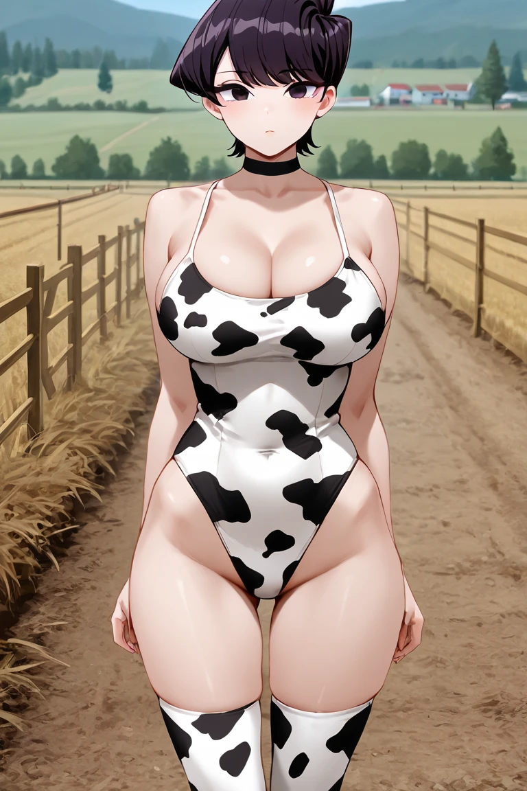 (Masterpiece, best quality, intricate details, 1sologirl) iron collar, arms behind back, iron cuffs, shackles, bound ((standing by wooden pole:1.2)) ((female Black Dark skin Gyaru)) show entire body frontal position, feet in view, realistic, gorgeous 16y.o. darkest skinned mixed race female, black African, barefoot no shoes, looking to viewer straight symmetrical, solo girl looking to the camera, cow bell choker leather collar choker neck bell, metal sandals, black and white bikini (cow pattern) black thigh highs