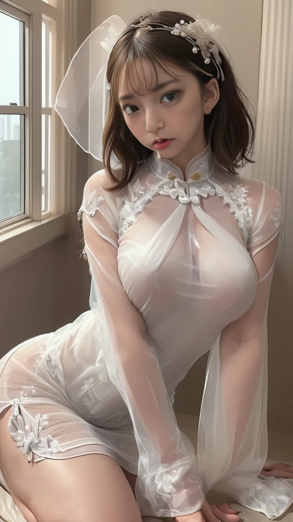 (​masterpiece:1.2、top-quality)、真实感、(Real Photographics、intricate detailes、depth of fields)、(1girl in、独奏)、make - up、Lip separation、High Details、(((Perfect full face)))、(huge tit:1.4)、(Skindentation)、((Thin leg))、Wide buttock、big breasts thin waist、A tall、Coral lips、length hair、black eyes、((Beauty wearing super short crop navel white lace short vest wedding dress)、(You can see a thin waist with a vest line at the waist)、 Lace Super Short B Short Skirt、Slender Beautiful Legs、lace stockings、Seductive body))、(sweating:1.2)、(wet​)、A sexy、red blush、Small transparent panties、Sheer pubic hair、pubick hair