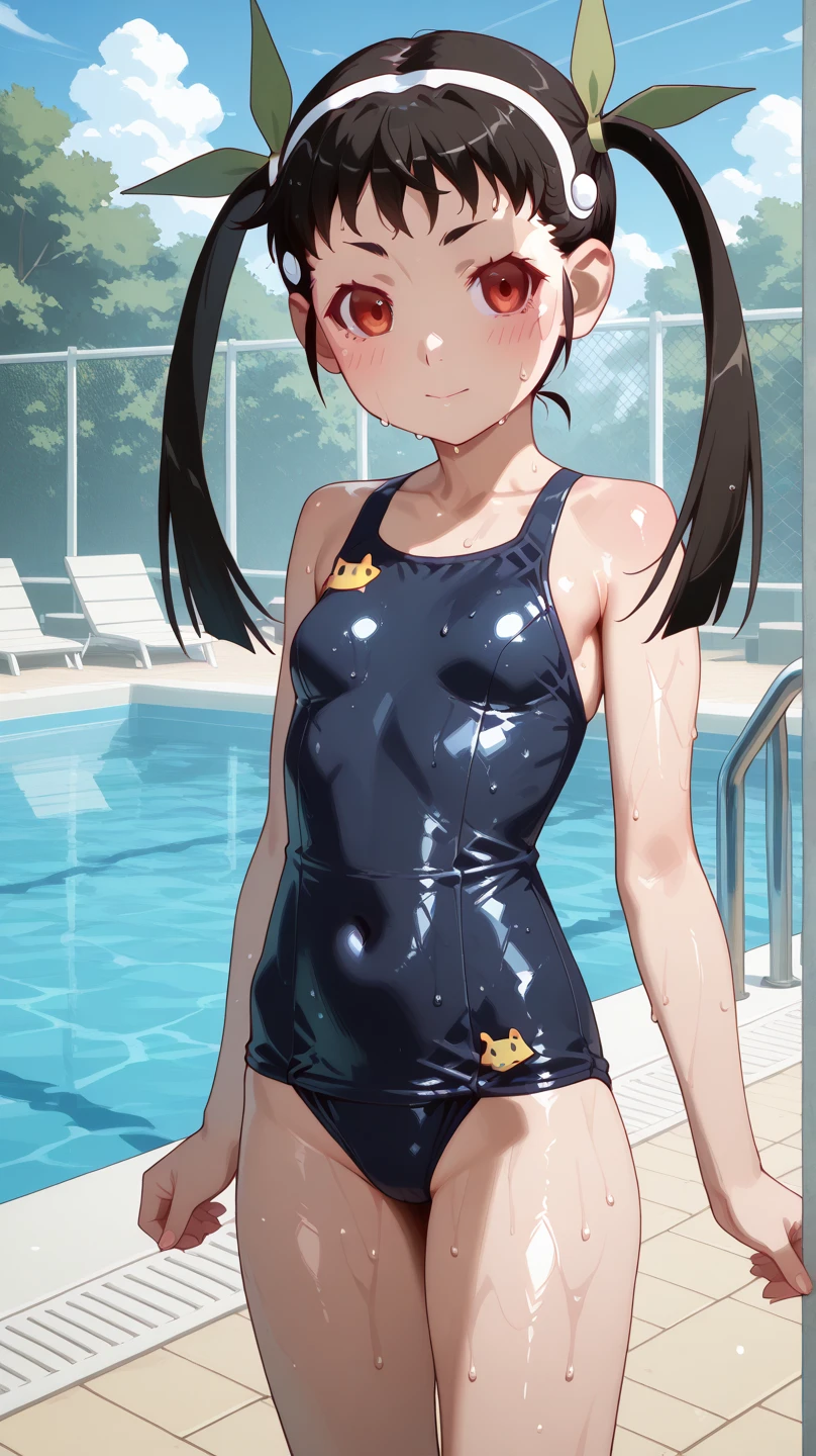 ,(young girl ,short stature,) ,flat chest,nsfw,big head, rotund.one-piece-swimsuit,braid hair, poolside.,stand,pussy,looking at viewer, puzzled