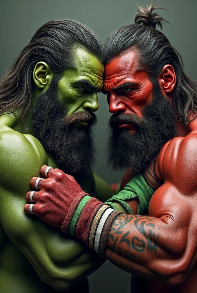 Bloody and screaming muscle god green eyes long hair beard