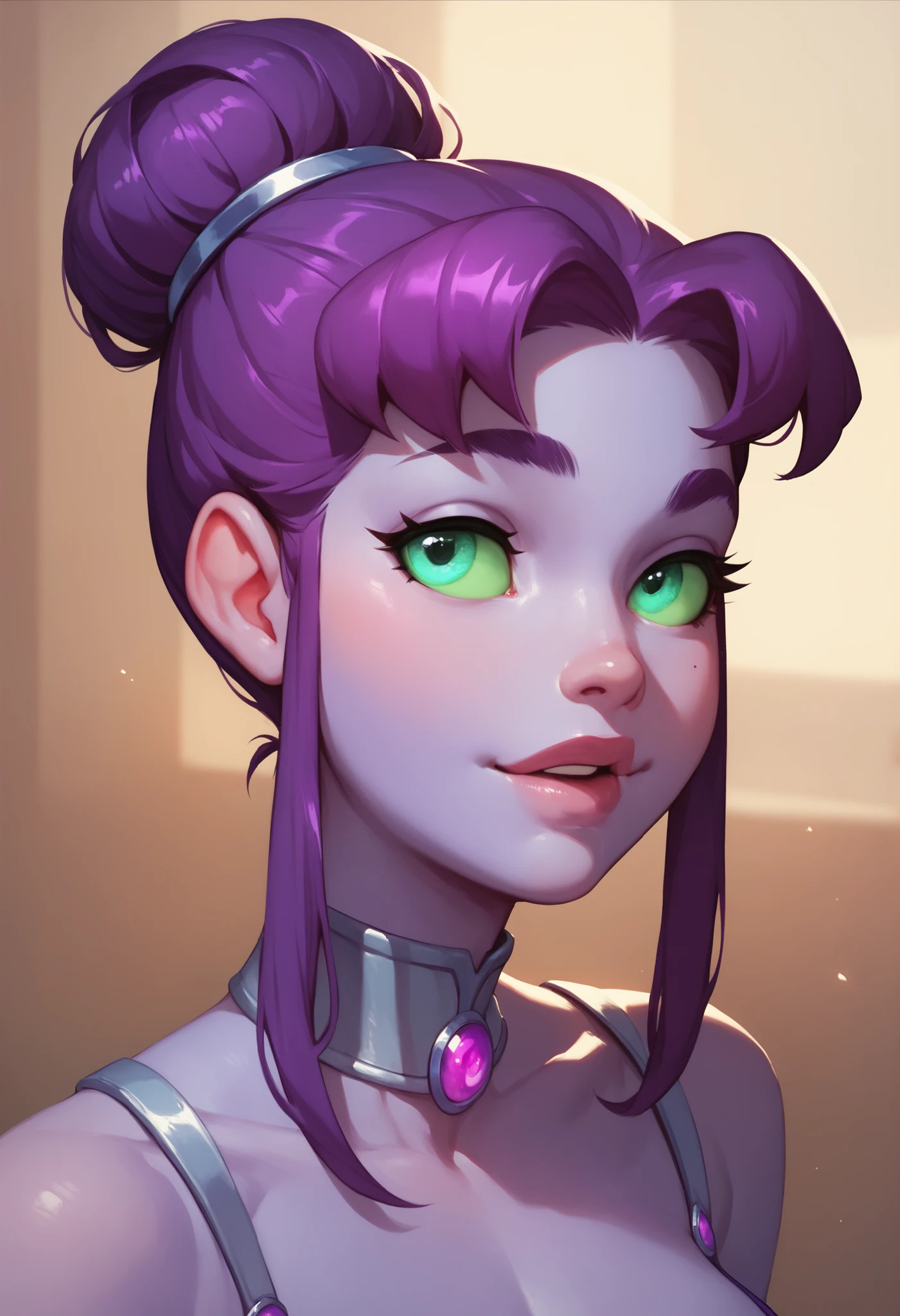 starfire, shor hair, bun, blue eyes, purple hair, purple skin, portrait