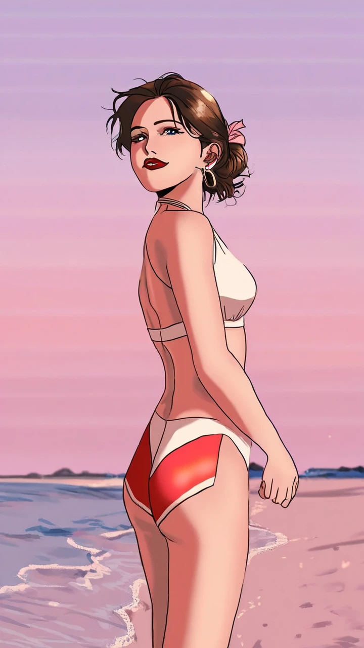 1girl, solo, standing <lora:gtasanandreas-style-richy-v1:0.9> bikini, short shorts, leaning forward, parted lips, large breasts, simple background, beach