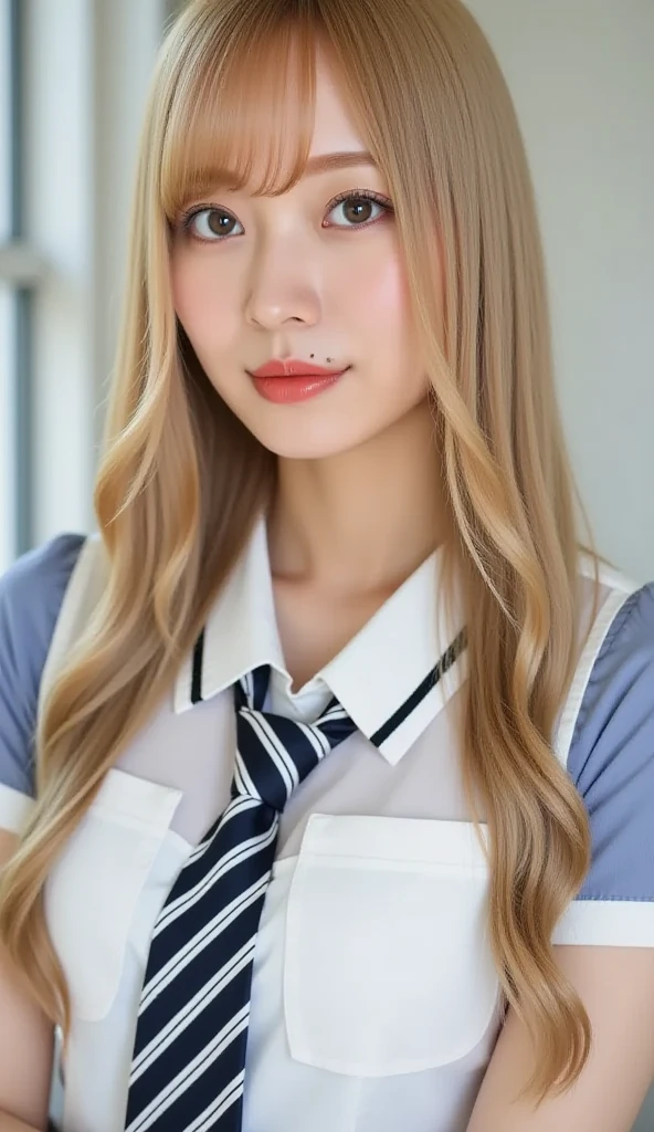 (masterpiece, Highest quality, 8K, High resolution),(Realistic skin texture, Perfect Face, Realistic, Perfect hands, Perfect finger count, Japanese, Girl), (20-year-old), Big Eyes, Brown eyes, Platinum Blonde Hair, bangs, Twin tails, Big hair ribbon, Small face, Crying face, ((White button-up shirt, Flat Chest, tie, Mini Pleated Skirt)), Leaning against a wall, Cute pose, In an abandoned house, Litter