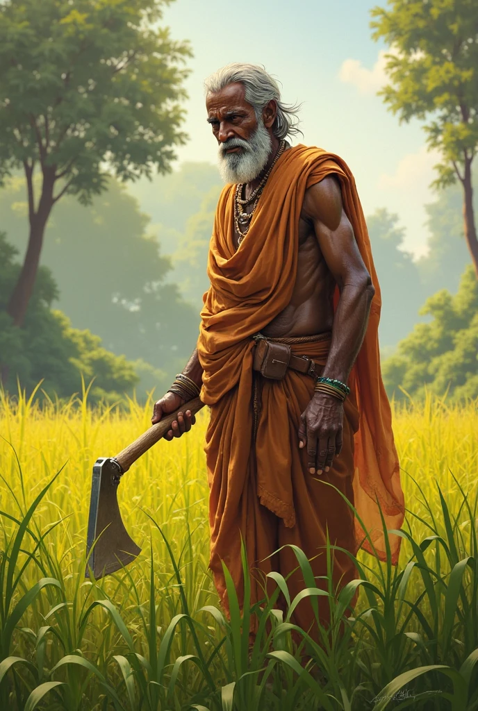 um rei africano com sua coroa, homem maduro envolto pelo poder do fogo, carrying an axe in his hand, sitting in a meditation position, diante de um horizonte lindo, com o sol se pondo, in connection with your ancestors, oil paint style painting, estilo de arte aquarela, estilo colorido, cores vivas