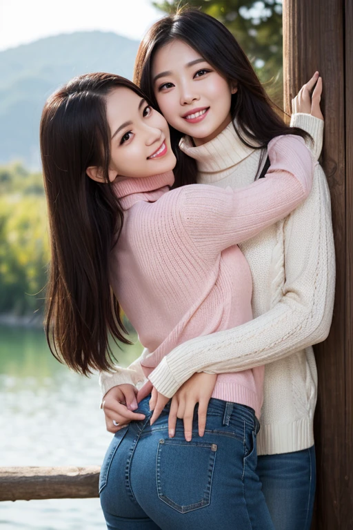 （RAW photogr，超高分辨率，tmasterpiece，best qualtiy：1.4），Complicated details，2 20 year old Korean girl，Wear a loose black T-shirt and stylish jeans，Stand on the grass and take pictures，hugs，Intimate relationships，Detailed meadow，A sweet smile on a small face，The face and skin are pink and fair，Ultra-realistic facial details，Beautiful ribbons and hair accessories，Playful and coquettish pose，The calves are straight and slender:1.5，Wear high-end branded colorful travel shoes:1.5，eventide，warm color，Broad lighting，naturalshadow，Shoot from the back，Beautiful waist and hips，taking a full body photo:1.8