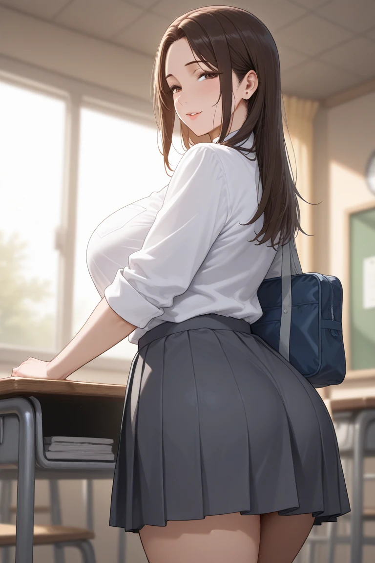a school bag、huge tit、A dark-haired、poneyTail、girl with