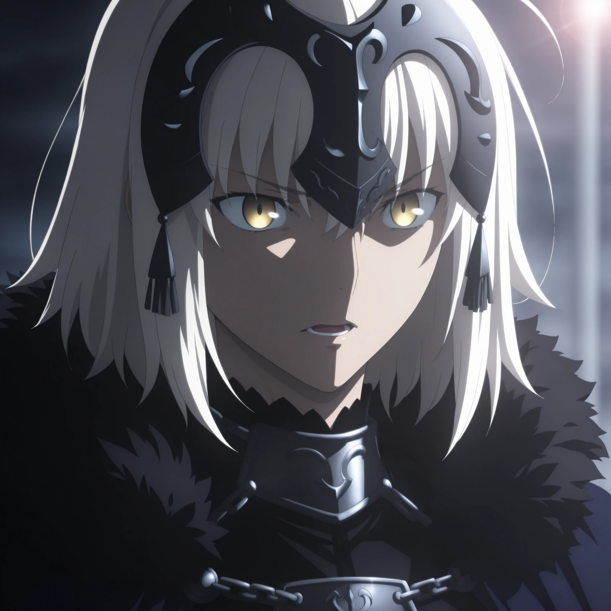 masterpiece, best quality, amazing quality, highres, absurdres, very aesthetic, high resolution, ultra detailed, perfect details, midnight,  , outdoors, ufotable style, (lens flare, , ), backlight, portrait, , blue hour,
 
1girl, ufotable style, anime style,  (anime coloring:1.5), (anime screencap:1.2) ,(aged up:1.4), light smile, raised eyebrows, light open mouth, 
   
girl, mature, slim body, slender body, ,Fate Grand Order, fate, jeanne_d'arc_alter_(fate), jeanne d'arc alter, jalter, white hair, yellow eyes, ahoge, short hair, close-up, breast focus,face focus, 
headpiece, armor, armored dress, black thighhighs, cape, dress, fur trim, fur-trimmed cape, scowl, sheath, short dress, thighhighs, clothes, looking at viewer, embarrassed, , arms behind back, , 
