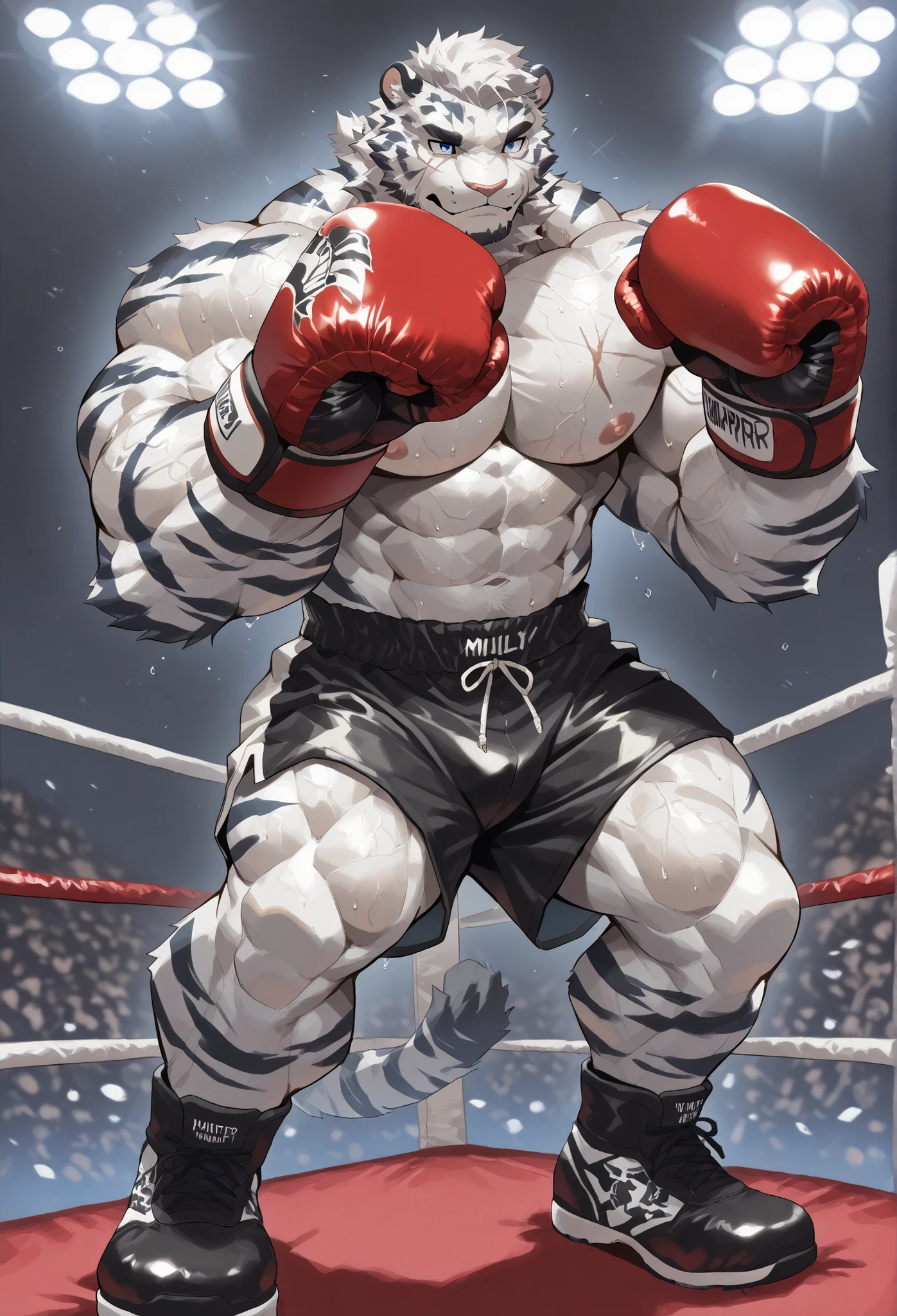 4K, masterpiece quality, pov_boxing, Looking down on the loser with carmly triumph, black boxing shoes, red boxing gloves, black boxing trunks, full body, depth of field, boxing, dynamic pose, fist pump pose, boxing ring background at midnight, white tiger heavywait boxing champion, blue eyes, gay, furry male, he flexing his thick arms, fist pump,bulging heavy muscular, thick veiny muscles, carmly looking down on loser, silent expression, carmly eyes, detailed eyes, large pectorals, sweaty body, angle of the loser looking up from directly below, scar,