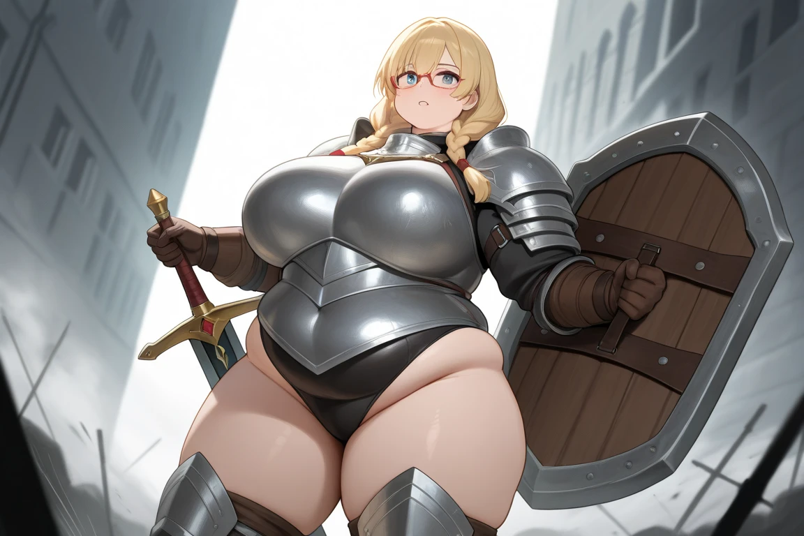 a fat woman, long yellow hair, green eyes, metal armor, sword on back, bbw, fat, fantasy, epic, dramatic, warrior