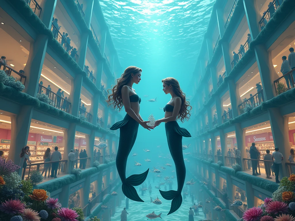 Background with two characters , a mermaid and a minecraft , where an environment comes to light according to those two characters , with happy colors , striking and pasteurized tridi, very good quality