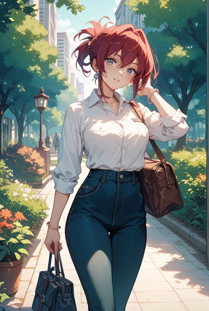Woman in High Waist Jeans Shorts: casual elegance, ripped with buttons on shorts.