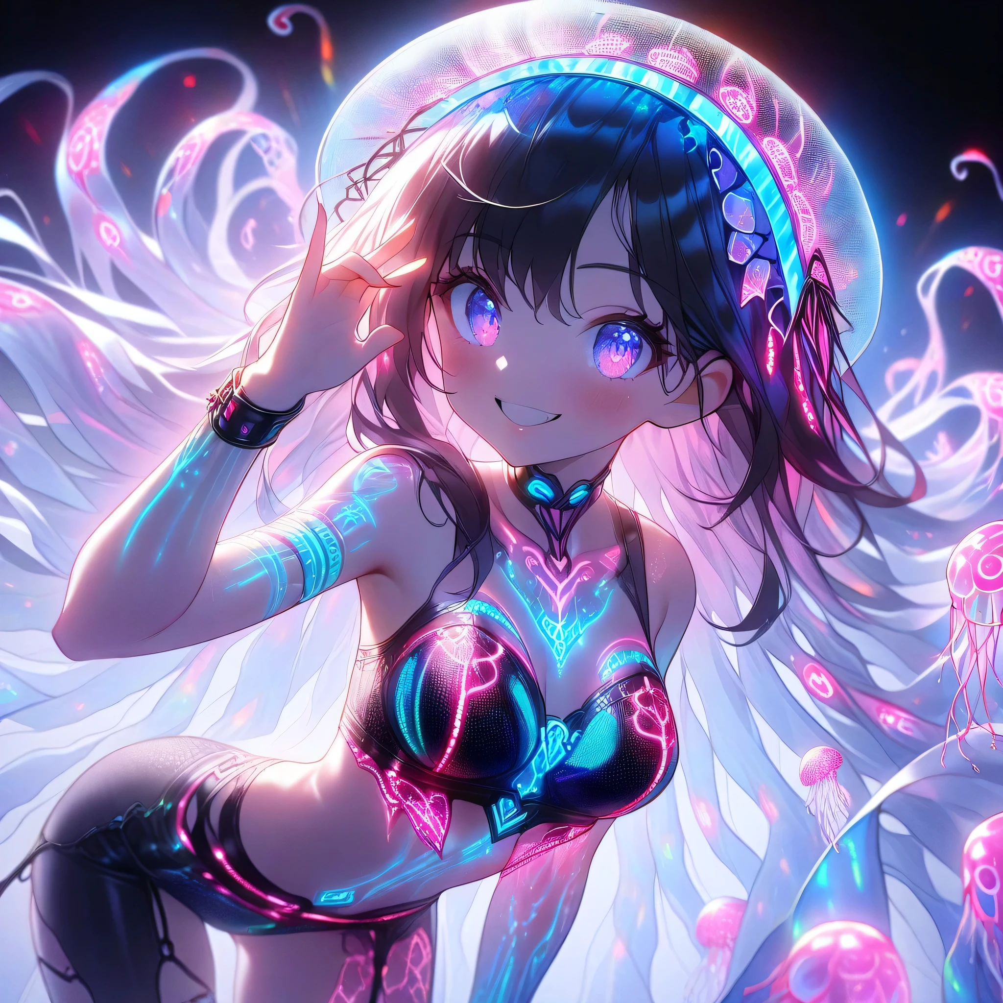 best quality, 32k, RAW photo, incredibly absurdres, extremely detailed, AI partner who lives inside a spherical aquarium key chain, a colorful harpy with a beautiful face, small cute characters, background luminous parts made of gears and precision machinery, rainbow colors neon line light, delicate, flashy and dynamic depiction, professional lighting